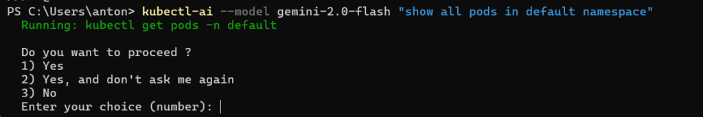 Imagem do terminal exibindo a execução do comando kubectl-ai.