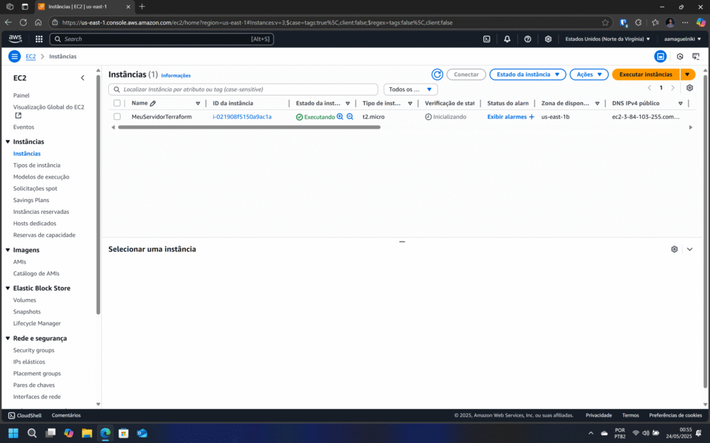 Tela de listagem das instâncias EC2 na AWS, após a execução do comando terraform apply.