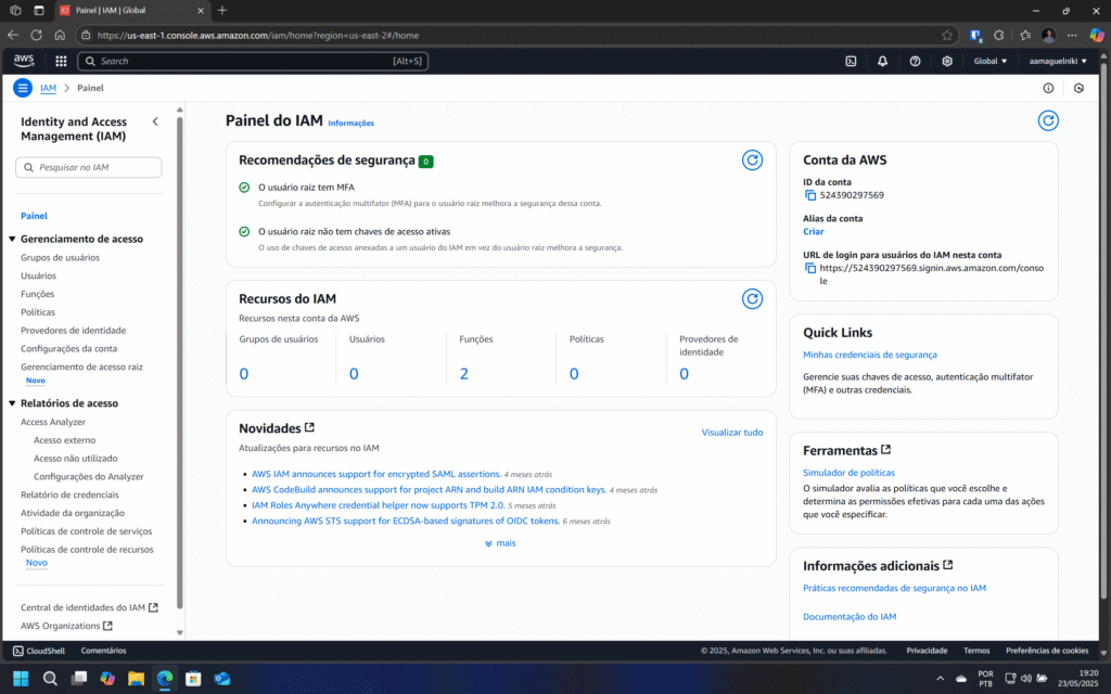Tela inicial do Painel IAM da AWS.